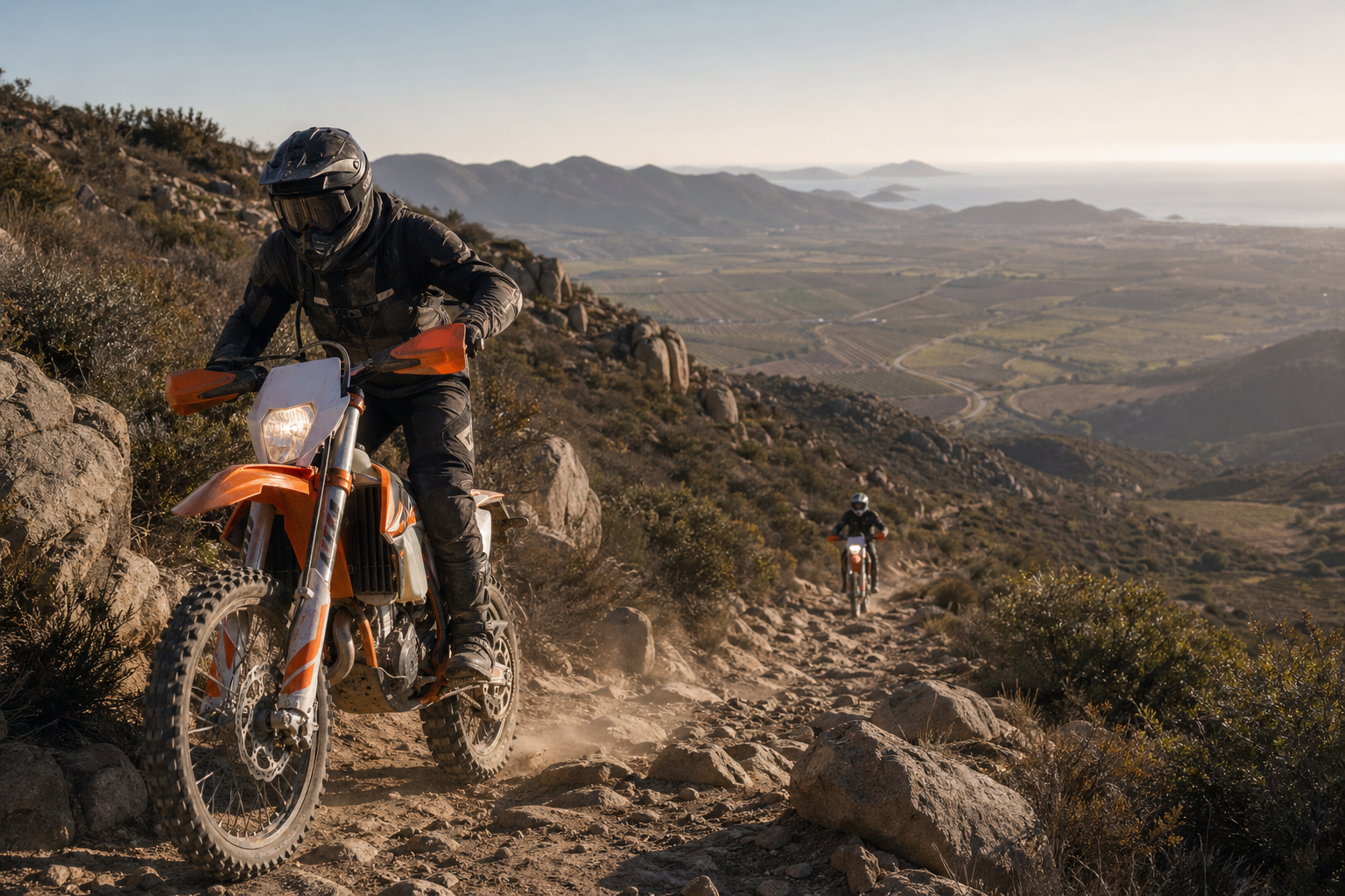 Rider climbing a rocky Baja trail above Valle de Guadalupe