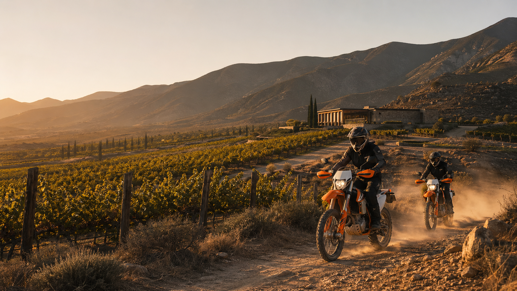 Custom KTM 300 two-stroke and KTM 990 Rally Replica bikes on Baja trails above Valle de Guadalupe
